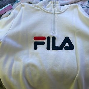 white FILA crewneck w ziper